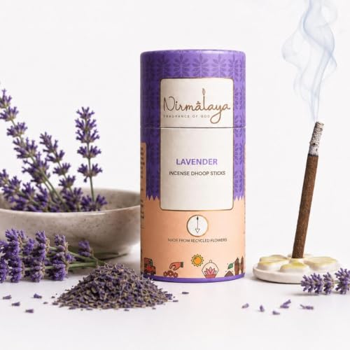 Image of Nirmalaya Premium Lavender & Rose Bambooless Dhoop Sticks (80 Sticks) with Ceramic Stand Sacred Temple Flower | 100% Charcoal-Free | for Pooja, Meditation, Yoga & Home Fragrance