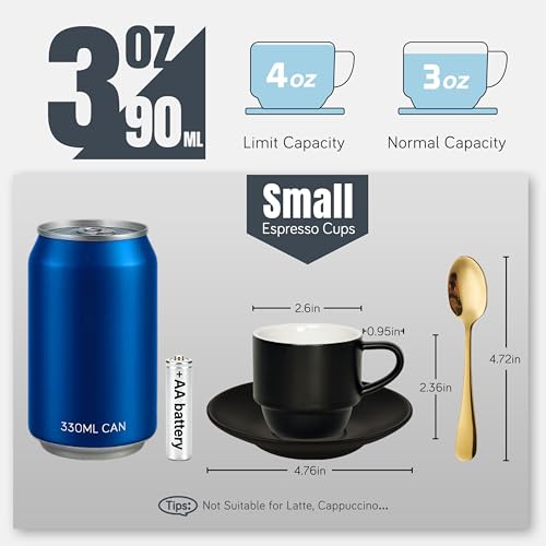 Image of Lareina 4 Ounce Espresso Cups with Saucers, Spoons and Metal Stand, Small Stackable Coffee Cups Set of 4, Ceramic Demitasse Cups for Nespresso Lungo, Double Espresso, Black