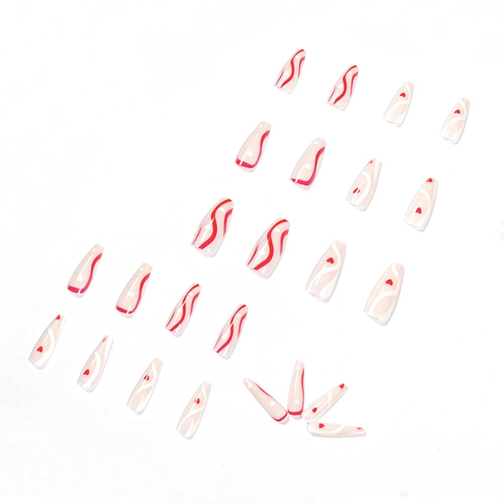 GeRRiT False Nails Fake Coffin Nail Tips Long White Wavy Lines Love Nail Tips Finished Nail Stickers 24 pre Design Acrylic Nail Tips TN