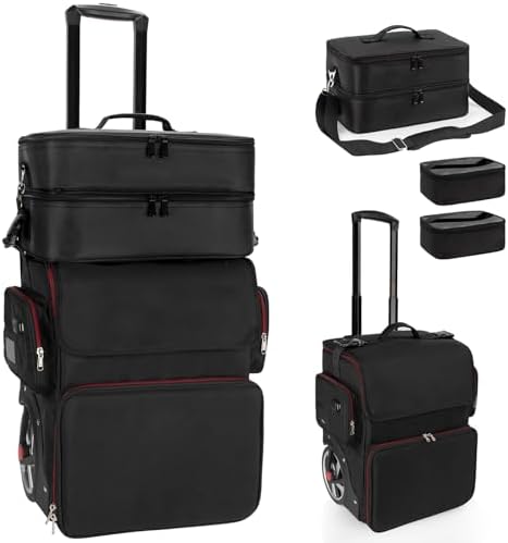 Large Makeup Train Case with a Large Makeup Travel Bag for Hairstylist, Hairdresser Bag with Detachable Pouch,Heat Insulation and Anti-scalding Full layer for Hairdressing Tool Organizer, Big wheels