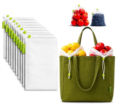 heartsera Reusable Mesh Produce Bags with Canvas Tote, 10 Pack Set, Washable, Fruits, Vegetables, Grocery, Farmers Market, kitchen storage, Reusable Produce Mesh Bags with Drawstring