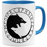 OM3� Tasse de loups runiques Yin-Yang | Tasse en c�ramique | 11oz 325ml | Logo Vikings Wolves Symbole Viking Nordic Warrior | Bleu clair