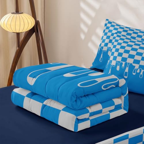 Image of Cyan Teal Checkered Zipper Bedding Full SizeGingham Checkerboard Drip Zip Up Bedding Set for Teens Adults, Vintage Aesthetic Trendy Modern Geometric Bed in a Bag Grid Plaid Comforter Set with Sheets