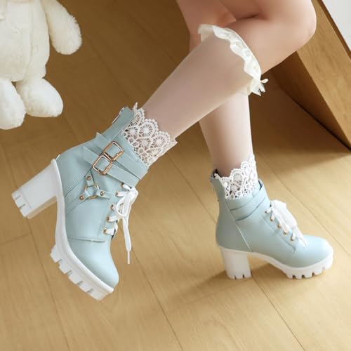 Image of BEAUPAS Women's Gothic Lace Up Platform Ankle Boots Buckles | Buckle Strap, Chunky High Heel, Lace Cuff Top, Platform Combat Boots, Women's Footwear