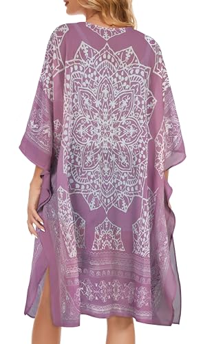 Women\'s Kimonos Beach Cover up Bathing Suits Cardigans Casual Loose Swimwear (Light Purple Ethnic,M)
