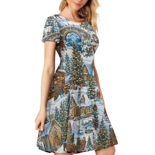 Image of Forchrinse Summer Dresses for Women Crew Neck Short Sleeve Midi Dress Casual Beach Vacation Sundress