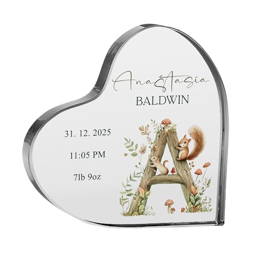 Image of Personalised New Baby Gift Heart-Shaped Acrylic Plaque, Woodland Alphabet Design, Custom Keepsake with Name and Birth Details