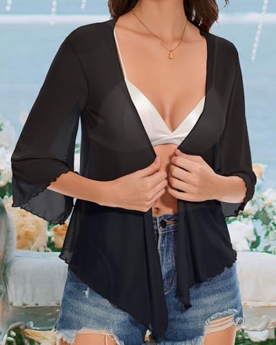 Women's Short Cardigan Bolero Shrug Sheer Tie Front Top 3/4 Sleeve Jacket for Dress2