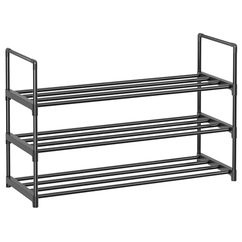 Simple Trending Three Tier Shoe Rack Organizer Holds 12 to 15 Pairs, Stacking Shoe Storage Shelf, Easy to Assemble, Black