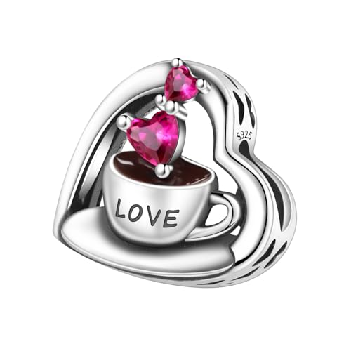Teleye Love Heart Coffee Charm for Bracelet, Silver Plated