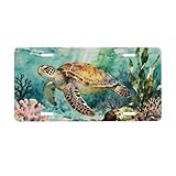 LHUAIKI Sea Turtle Coral Seaweed Seabed Front License Plate Car Decorative License Plates Aluminum Metal Decor Accessory Novelty Vanity Tag Cover with 4 Holes for Men Women 6