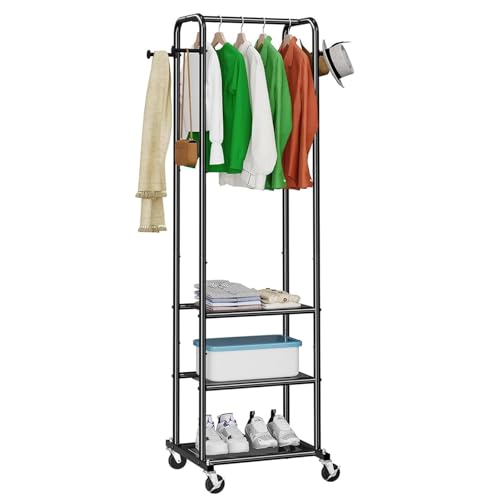 Ekisemio Heavy Duty Clothing Rack with Wheels, Modern Garment Rack with 3 Metal Shelves, Black
