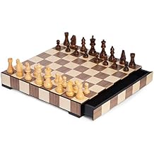 Bey-Berk Leonardo Chess and Checkers Set, Matte Walnut Inlaid Board with Storage Drawer and Wood Playing Pieces