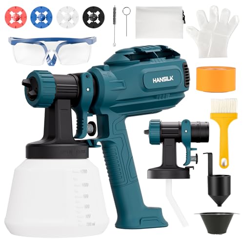 HANSILK Pistola de Pintura HVLP 800W Pulverizador Eléctrico con Depósito de 1200ml 5 Boquillas & 3 Modos de Rociado Flujo Ajustable Fácil de Limpiar para Muebles Paredes Vallas Bricolaje