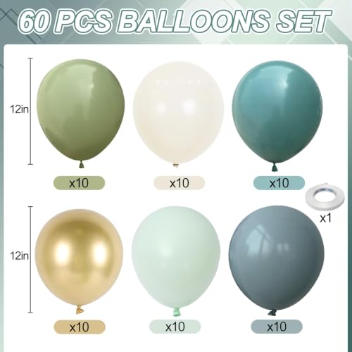 Image of Sage Green and Blue Balloons, 60 PCS 12 Inch Dusty Green Blue Sand | White Gold Balloons for Baby Shower Bridal Shower Wedding Boho Birthday Party Decorations