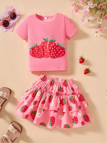 Image of Little Girls Skirt Set - 2 Piece Short Sleeve Top Shirred Tiered Skirt Outfit Girls Spring Summer Clothes 3-8 Years