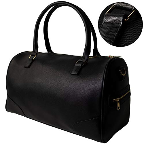 Weekender Carry Bags Vegan Leather Travel Shoulder Tote Trolley Luggage Sleeve Duffle (Black-04)