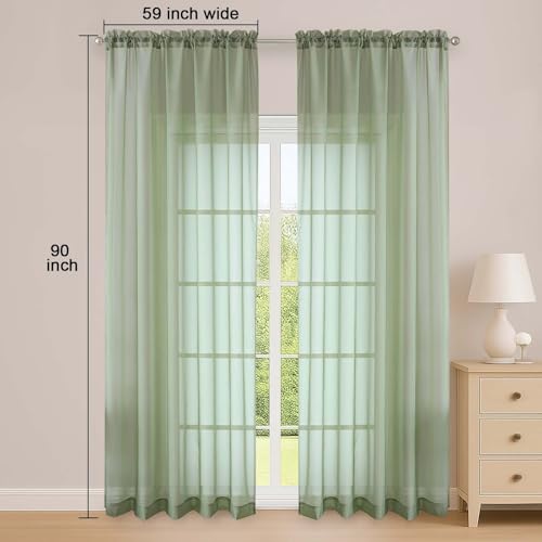 Image of OWENIE Sage Green Sheer Curtain 90 Inches Long 2 Panels Set, Solid Filmy Drapes for Living Room Bedroom, Elegant Window Voile Sheer Curtain Panels Drapes, 2 Pcs, Each 59W x 90L Inch