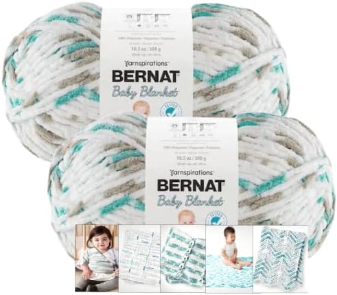 Bernat Baby Blanket Yarn - Big Ball (10.5 oz) - 2 Pack with Pattern Cards in Color (Seafoam Print)