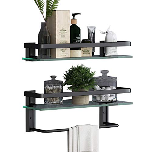 Volpone Glass Bathroom Shelf With Towel Bar 15.7In Bathroom Wall Shelves Rustproof Metal Bathroom Wall Organizer 2-Tier (Black) #TOP3