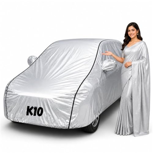 Image of Waterproof Car Body Cover for K10 All Weather Protection Comes with Inner Cotton Lining & Triple Stitched with Mirror & Antenna Pocket Belt & Elastic Fit Metallic Silver with Black Piping