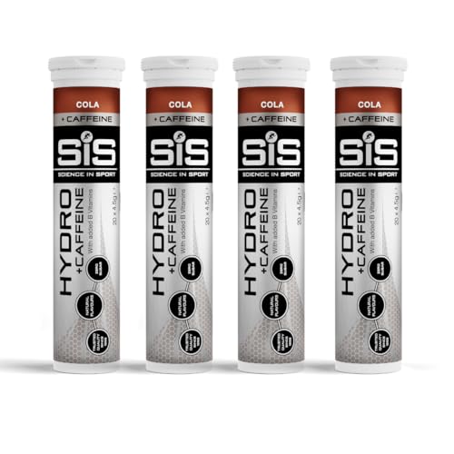 SiS Hydro Electrolyte Tablets - Effervescent Hydration - Virtually Calorie‑Free - Informed‑Sport Certified - Dissolves in 500ml Water - 20 Tabs Per Tube (4 Tubes, Cola w/Caffeine)