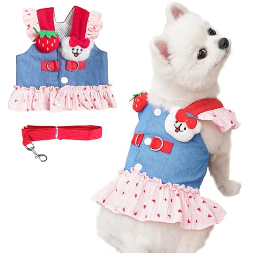 ANIAC Denim Dog Dress Harness with Leash Set Cute Small Dogs Clothes Girl Heart Patterns Puppy Dresses Breathable Mesh Cat Harness Leash Strawberry Chihuahua Yorkie Outfit (Pink Heart