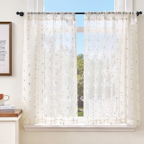 TOPICK Rideau Cuisine Voilage Brise Bise, Rideaux Court Lot de 2, avec Multicolores Pois 65L x 90H(cm) Passe-Tringle, pour Placard Fenetre Salon sous Evier