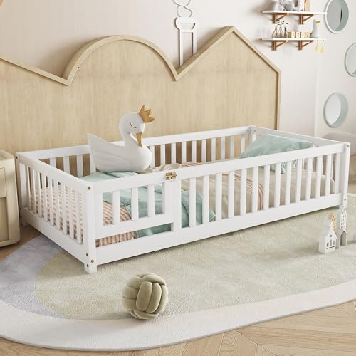 Twin Floor Bed with Slats Fence & Door Easy Assemble