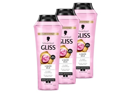 Gliss Champú Liquid Silk (3 x 250 ml) con ceramidas y seda, champú brillante para cabello quebradizo y opaco alisa la superficie del cabello