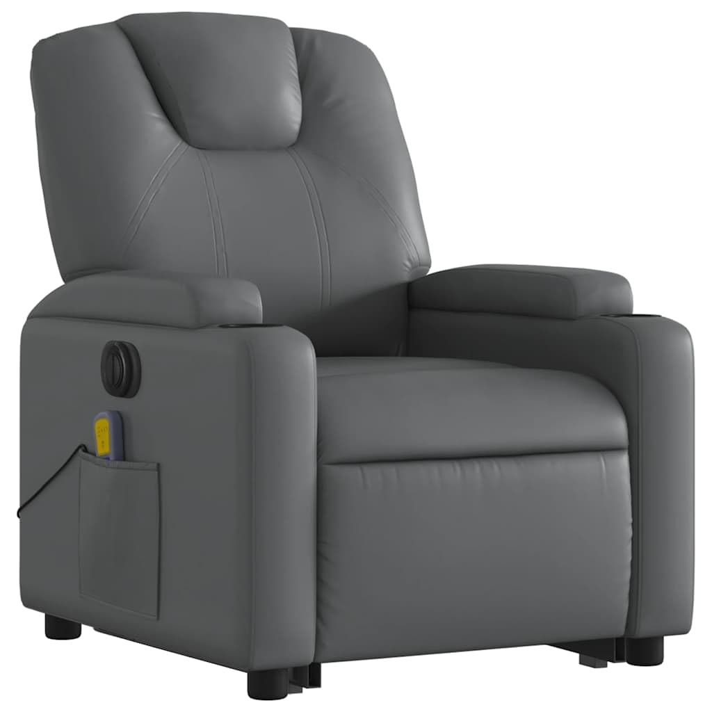 Sillón elevador eléctrico reclinable con masaje por vibración, color gris, de piel sintética, 6 puntos de masaje, función de elevación e inclinación de 135 grados, estructura