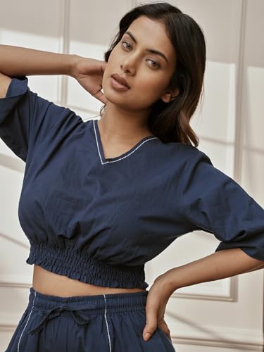 Image of VASTRAMAY Women's Cotton Crop Yoga Top with Geometric Embroidery & Dolman Sleeves