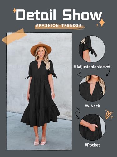 Image of Theenkoln Womens Casual Midi Dress: Short Sleeve V-Neck Empire Waist Gingham Spring Fashion Long Trendy Tiered Formal Dresses