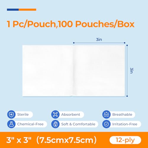 Image of 100 Pack Sterile Gauze Pads 3x3 Inch 12-Ply, 100% Cotton Large Gauze Sponges for Wound Care, Highly Absorbent Bulk Hospital-Grade First Aid & Surgical Dressing