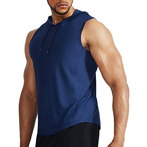 Muscle Alive Men's Bodybuilding Sleeveless Hoodie Running Dry Fit Fitness T shirts Blue 2XL
