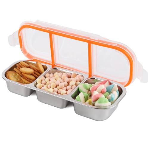 Image of Stainless Steel Snack Containers with Lids, 3 Compartment Leakproof Reusable Snack Box for Nuts, Fruits- Divided Grab & Go Container for School, Office, Travel