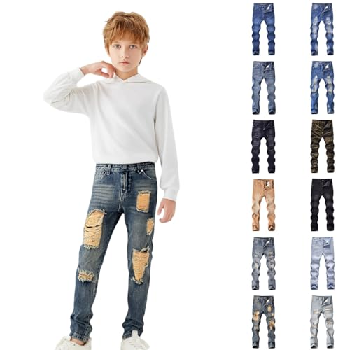 Boy's Skinny Fit Ripped Destroyed Distressed Denim Jeans Pants Stretch Comfy Stylish Streetwear with Pockets Fall Winter
