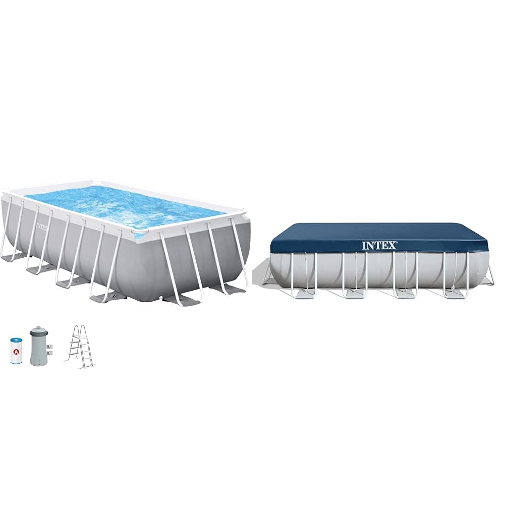 INTEX 55243 - Piscina Desmontable Rectangular con depuradora Prism Frame & 28037 - Cobertor Piscina Rectangular Prism Frame 400 x 200 cm, Color Azul