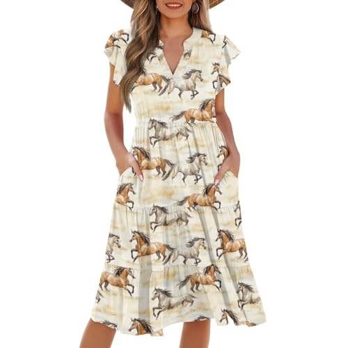 Image of Women's Casual Ruffle Sleeve Dress V Neck Pullover Dress Flowy A-Line Pleated Lightweight Dress with Pockets