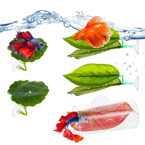 Image of 5Pcs Leaf Style Betta Fish Tank Accessories, Plastic Plant Aquarium Decor with Acrylic Tunnel, Safe Betta Leaf Hammock Simulate Natural Ecological Environment(Green)