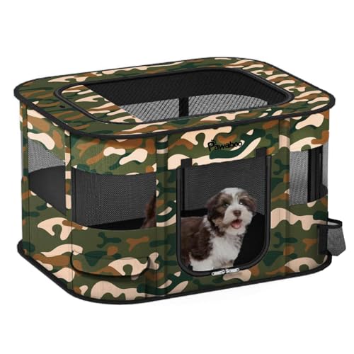 Pawaboo Parque para Mascotas Portátil, Jaula de Mascotas Perros Plegable de Oxford Impermeable con Bolsa de Transporte y Cuenco Plegable, Valla para Mascota Gatos y Conejos, Talla M, Camuflaje Negro
