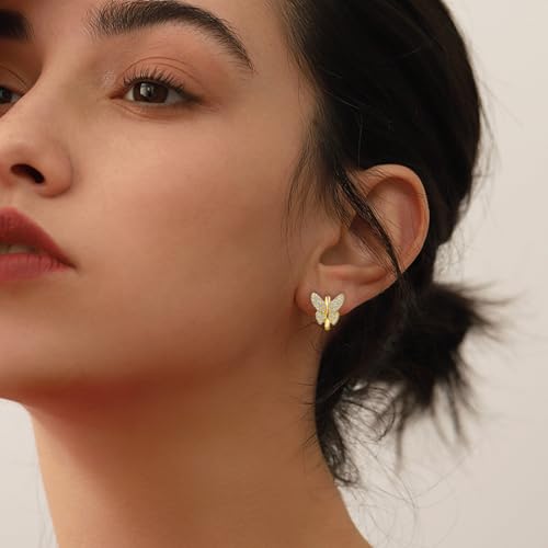 Sterling Silver Plated 14K Gold Cubic Zirconia Butterfly Earrings Small Butterflies Hoops Huggie Earrings Dainty Simple Minimalist Design Butterfly Jewelry for Mother's Day Valentine Birthday Gifts4