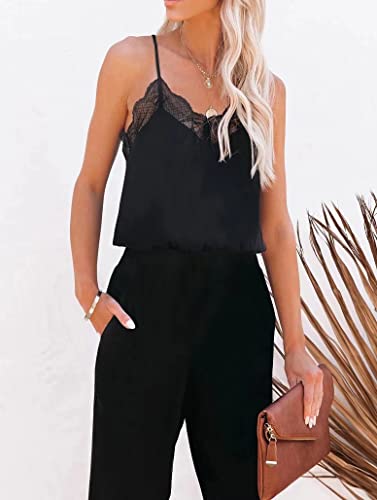 Lacozy Plus Size Rompers For Women Deep V-Neck Ruffle Tank Jumpsuits Racerback Solid Jumpsuit With Pockets Black M #TOP5