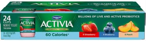 Activia Light Nonfat Strawberry, Blueberry & Peach Yogurt Variety Pack, 24 pk./4 oz.