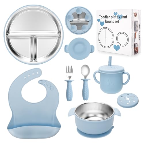 Image of MISSLILI Stainless Steel Kids Plates and Bowls Set with Suction, Divided Baby Plate and Toddler Bowl with Removable Silicone Suction,Stainless Steel Weaning Bundle, Silicone Baby Feeding Set (Blue)