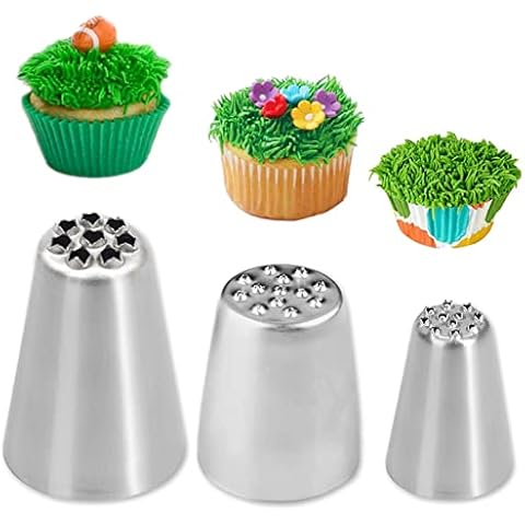 ExceLife 3 Pcs Grass Icing Nozzles Set, Stainless Steel Russian Grass Cream Tips Cake Decorating Piping Nozzles for Fury Cake Fondant Buttercream Decoration Cover
