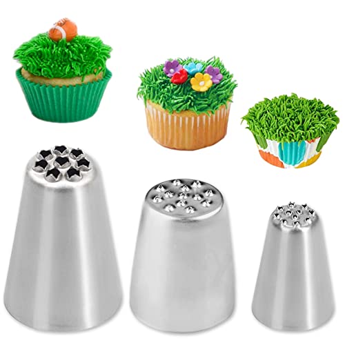 ExceLife 3 Pcs Grass Icing Nozzles Set, Stainless Steel Russian Grass Cream Tips Cake Decorating Piping Nozzles for Fury Cake Fondant Buttercream Decoration