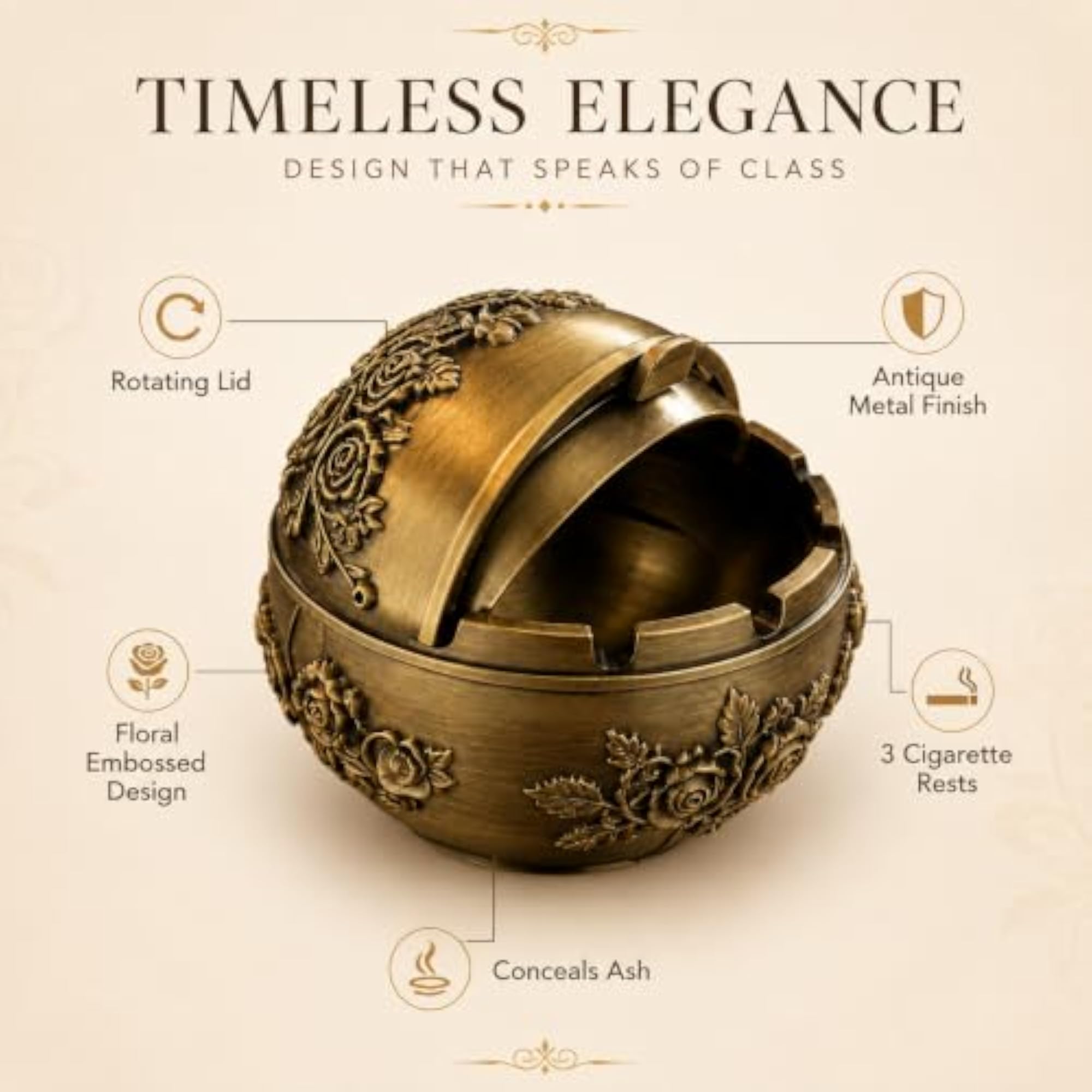 Brass Finish Ashtray with Hinged Lid, Floral Design