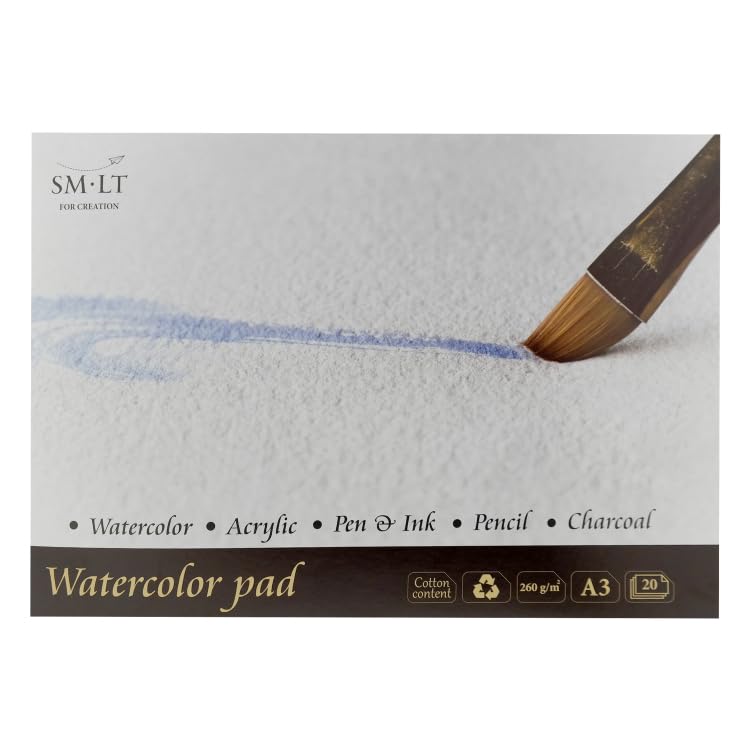 SMLT Aquarellpapier A3 Block – 260 G/m², Rau, Weiß, 100% Recycelt Mit Baumwolle, Säurefrei, 20 Blatt