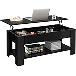 Yaheetech Lift Up Coffee Table, Wooden Lifting Adjustable Tabletop Height Coffee Table with Hidden Storage and Open Shelf for Living Room/Reception Room, Black, 120x59x(49-63.5) cm